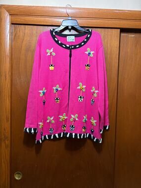 Quacker Factory 2X 3X Pink Embroidered Flower Pot Full Zip Cardigan Beaded